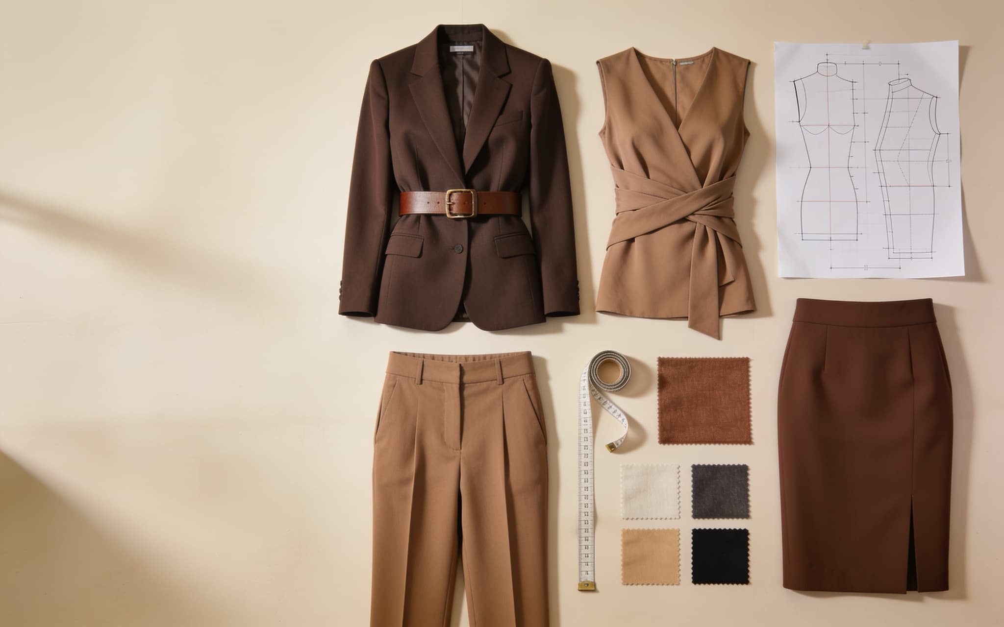 Flat-lay of tailored separates arranged on a warm neutral wall: a dark brown blazer cinched at the waist with a leather belt, a camel wrap top tied at the front, high-rise trousers, a pencil skirt, a tape measure, fabric swatches, and a garment pattern draft.
