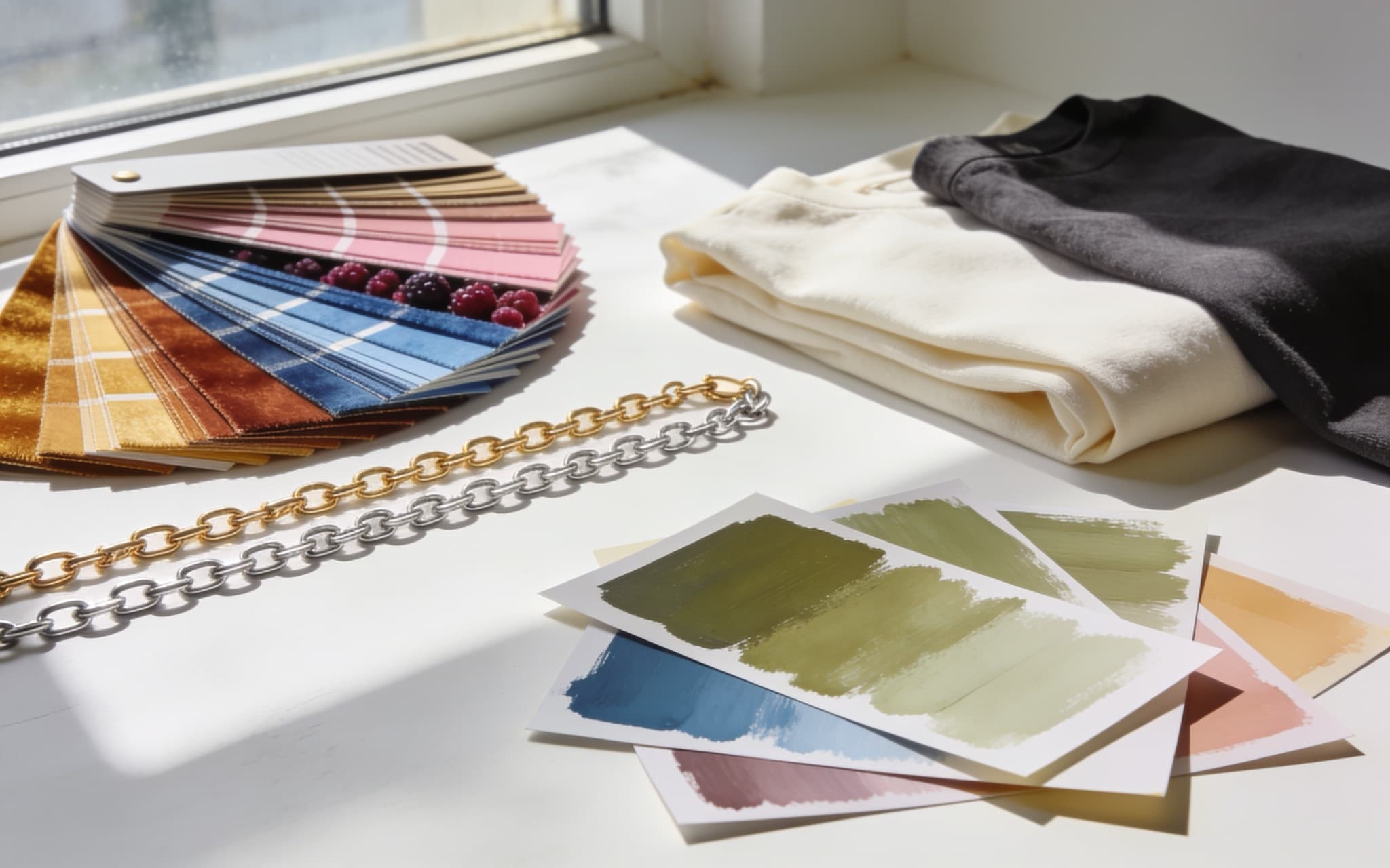 Sunlit windowsill arranged for a color analysis: a fanned swatch book running from warm ambers and rusts through cool blues and berry pinks, a gold chain and a silver chain laid side by side for the metals test, olive and sage paint cards, and folded cream and charcoal knits.