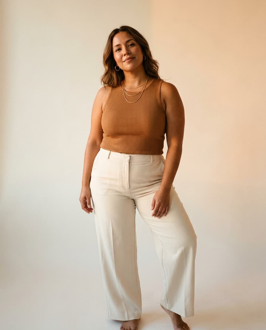 Soft autumn look, styled on a curvy body